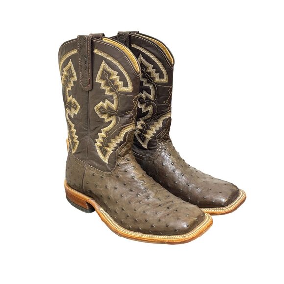 Anderson Dean Ostrich Leather Western Boots Brown Square Toe 7.5 - Picture 2 of 9